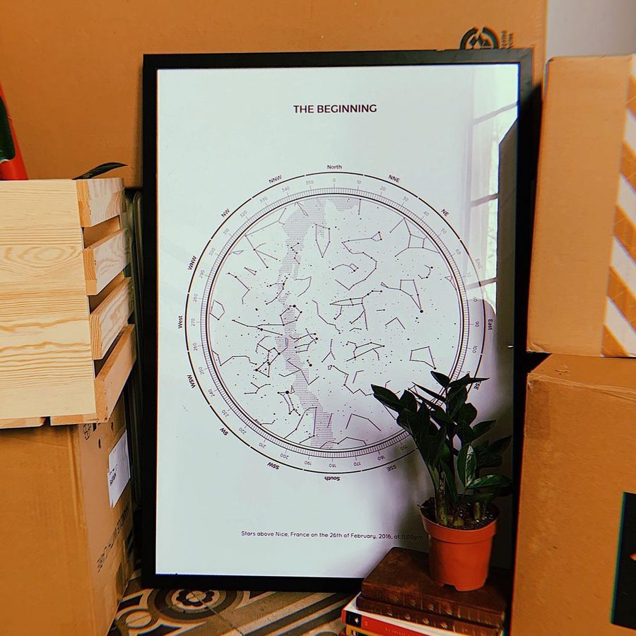 The beginning of a life together, framed by a star map